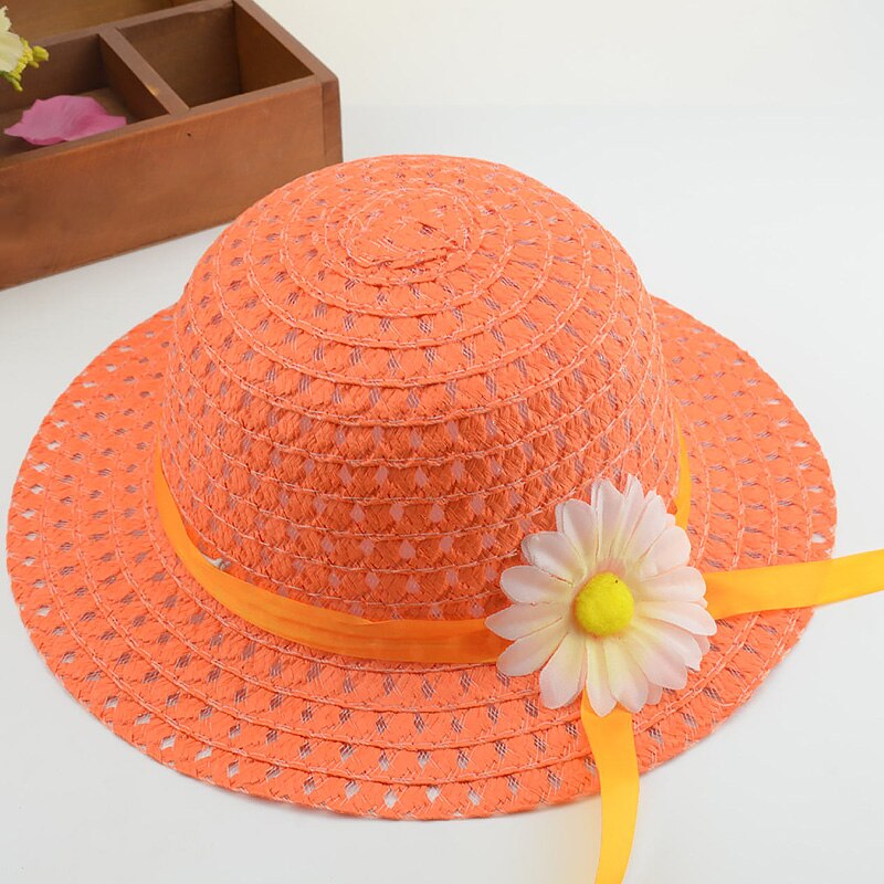 Straw Hat Summer Children Sun Flower Solid Color Lace Sun Hat Kids Sweet Bonnets Girl Beach Travel Hat Cap With Woven Basket: 08