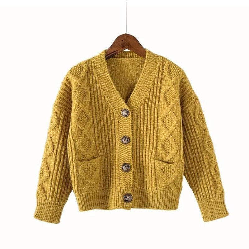 Suéter infantil liso outono inverno, casaco de lã tricotado para meninas roupas cor amarelo para crianças