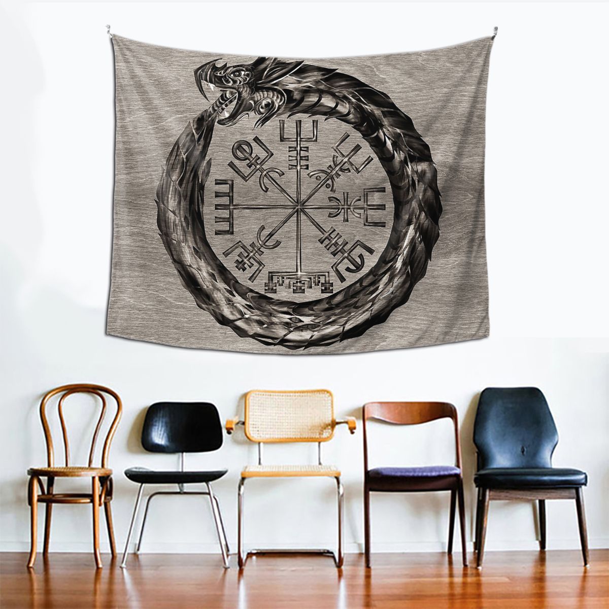Ouroboros-Tapiz de vikingo con Vegvisir, Tapiz colgante de tela de mesa, de poliéster, para decoración del hogar