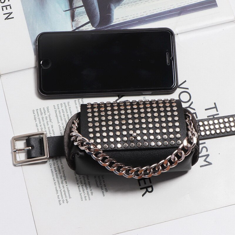 DAEYOTEN Punk Waist Bag Women Luxury Rivets Fanny Pack Crocodile Pattern Coin Purse Chain Mini Belt Bag ZM0767