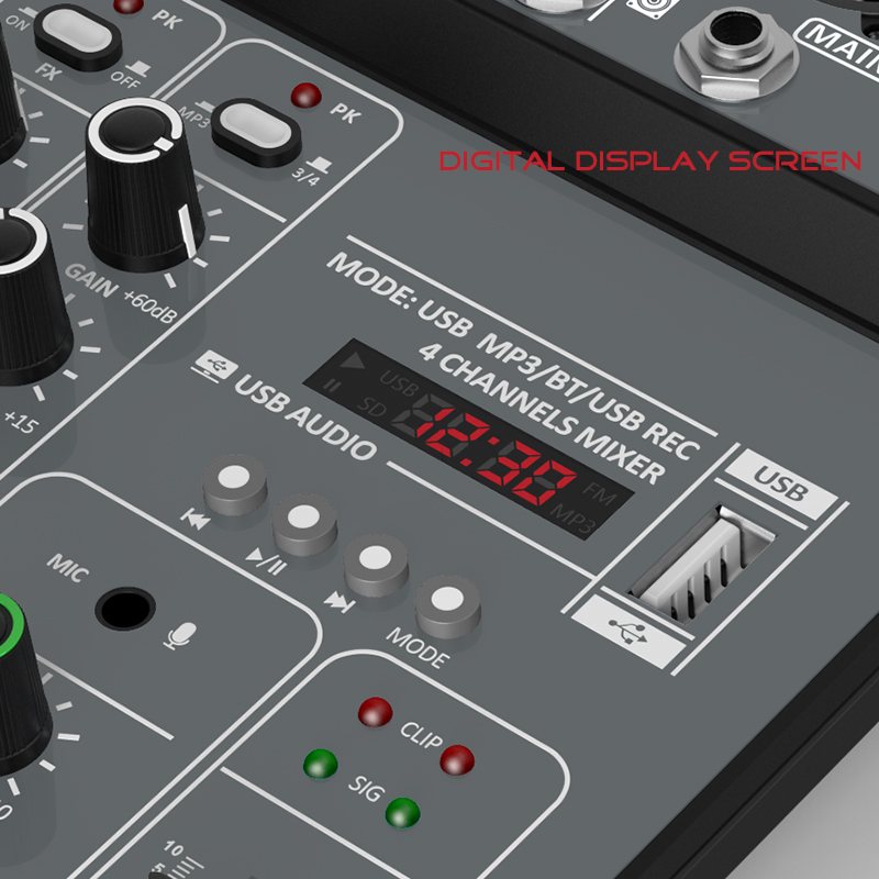 Lydmixer 4 -kanals dj-mixerpult med bluetooth 48v phantom power-monitor karaoke-system usb-mixer lyd