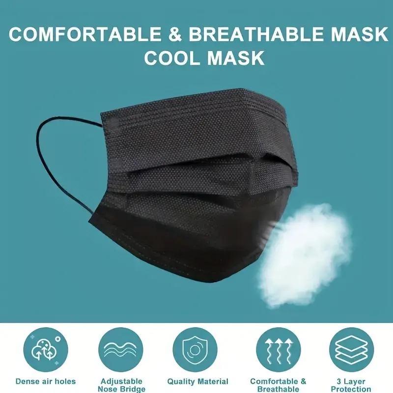 100 stuks zwarte wegwerp gezichtsmaskers 3-laags ademend anti-stof beschermende maskers voor dagelijks reizen werkgebruik gezichtsverzorging accessoire