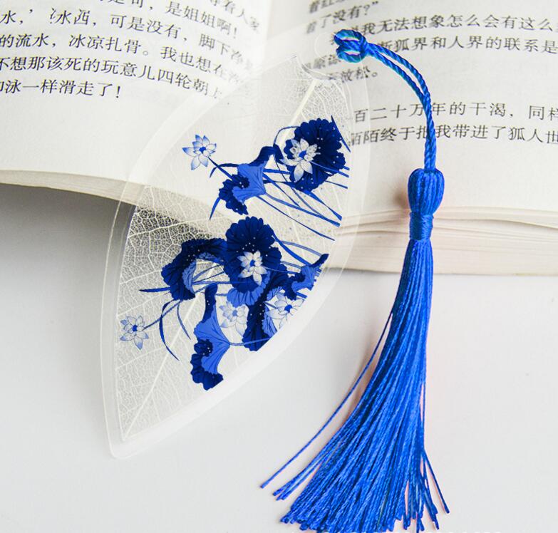 Waterproof Transparent PVC Plastic bookmarks Chinese style bookmark Tassel Bookmarks Collectibles leaf Vein bookmark: 7 Lotus2