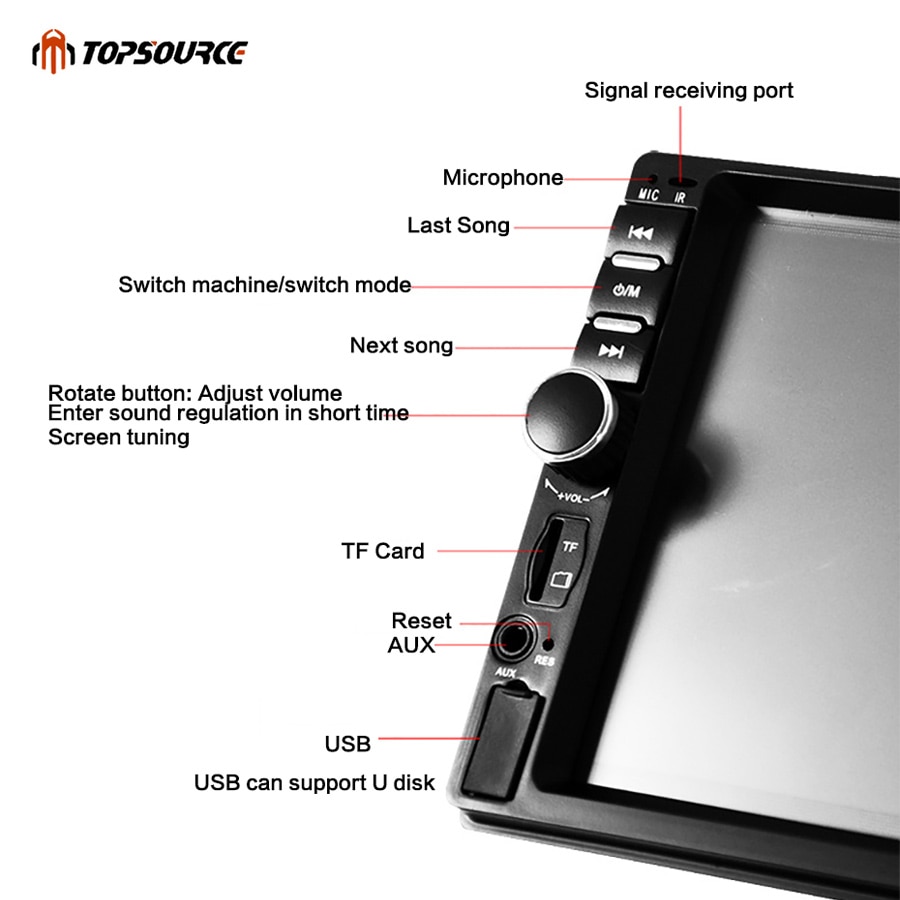Topsource 7018b 7 tums bluetooth audio pekskärm bilradio bil audio stereo bil  mp4 mp5 spelare usb support för sd/mmc