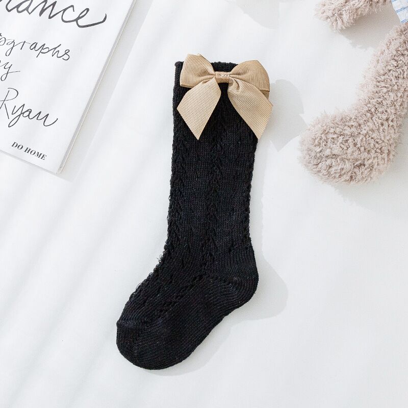 Calcetines largos con lazo para niñas pequeñas, calcetín hasta la rodilla, malla de algodón suave, estilo español, transpirables de 0 a 5 años: Negro / 0-1 Years (S)