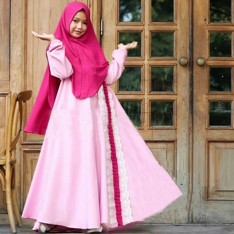Ramadan 2 delar set muslimska tjejer prinsessklänning barn abaya hijab khimar niqab burqa jilbab islamiska barn böneklänning kaftan