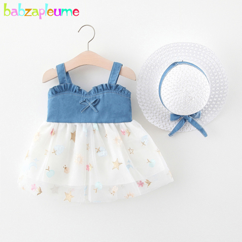 Babzapleume Summer Baby Girls Dresses Denim Mesh Pacthwork senza maniche Cute Princess Lace Pink Dress + Sunhat Newborn Clothes 001: WHITE / 10(12-24M)