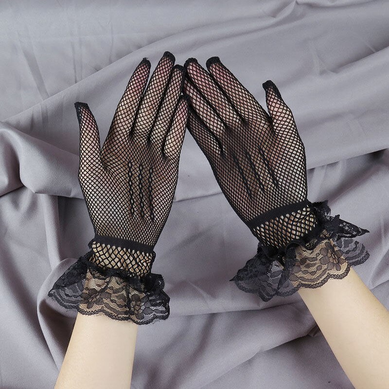 Ladies Short Lace Gloves Maid Sheer Fishn Net Black White Prom Tea Party Gloves Female&#39;s Fashionable Mittens for Women: balck lacework