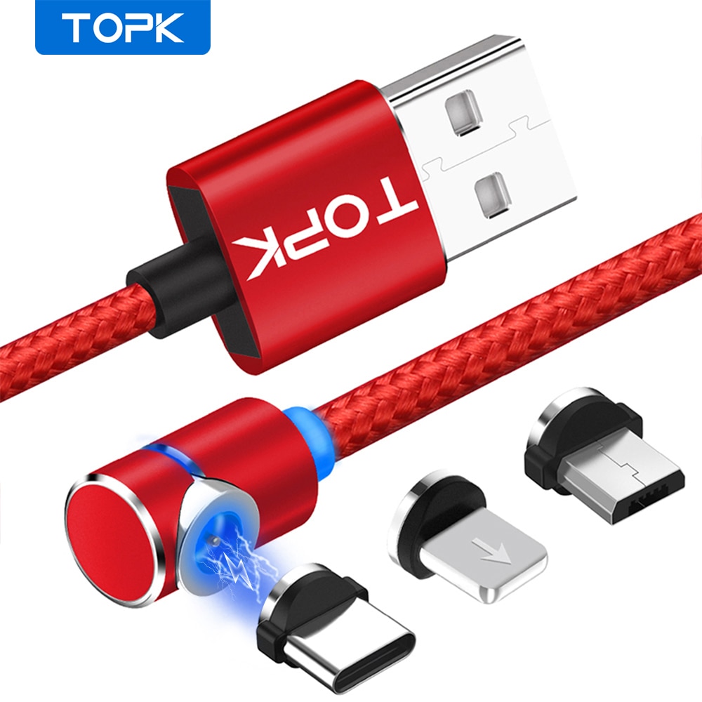Topk AM30 Magnetische Oplaadkabel, 90 Graden Led Kabel Voor Iphone 11X8 7 6 Plus & Micro Usb Kabel & Usb Type-C Usb C Kabel