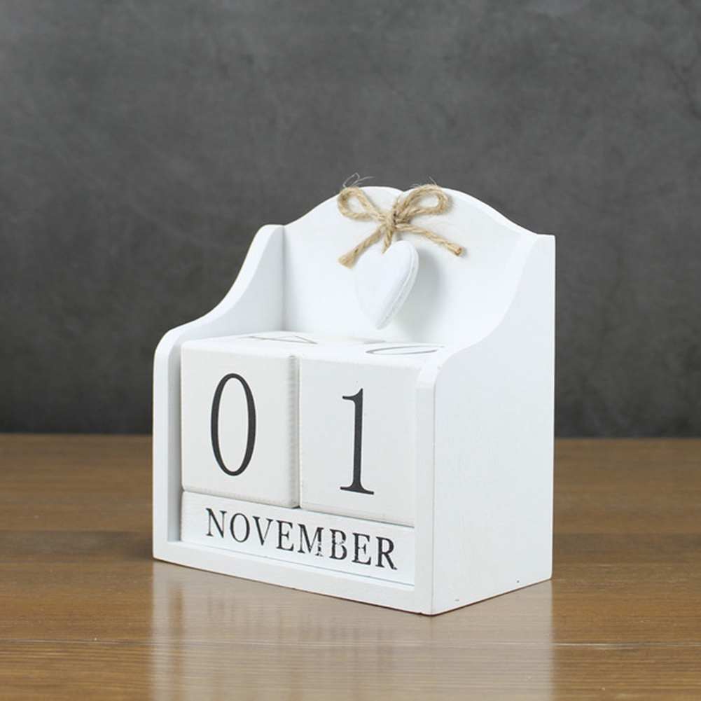 Diy bloque de madera calendario perpetuo figuritas de escritorio Calendario de madera Calendario de hogar Oficina Decoración -Whit