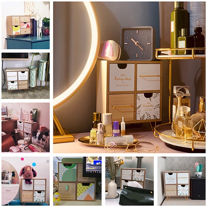 Wooden Drawer Storage Box Desktop Dividers Organizer Cute Cactus Pattern Makeup Cosmetic Container Jewelry Shelf Cabinet