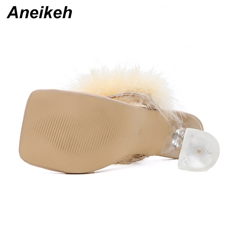 Aneikeh sommer kvinde behåret pels flip flops pvc gennemsigtig fjer plexiglas krystal høje hæle peep toe muldyr dame slides sko