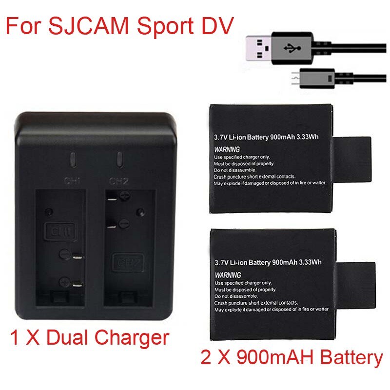 2X900 Mah Oplaadbare Li-Ion Batterij + Dual Usb Oplader Voor Sjcam SJ4000 SJ5000 SJ6000 SJ7000 SJ8000 SJ9000 Sport actie Camera: With Dual Charger