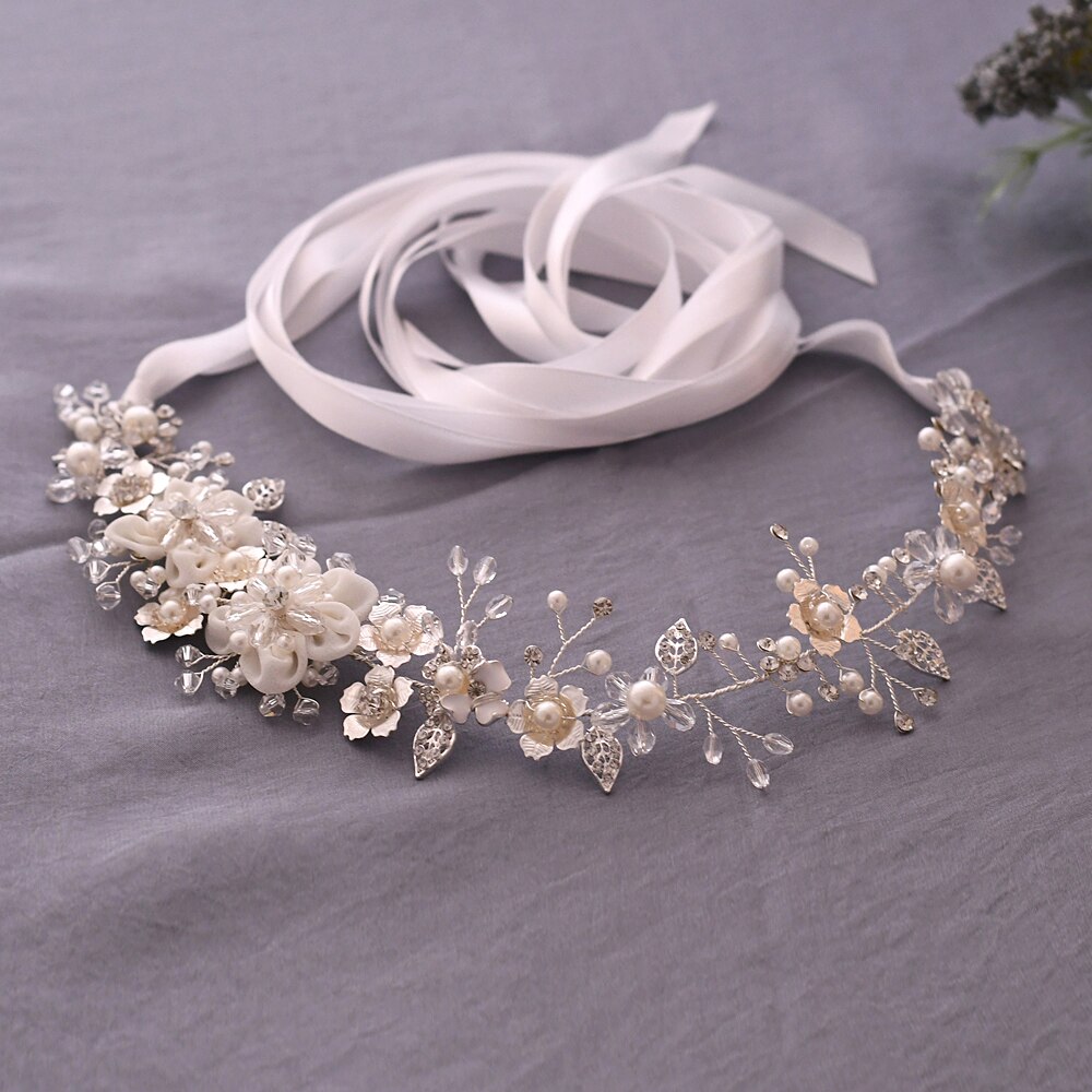 TRiXY SH275 Luxury Western Belt Silver Sash Belt for Wedding Dress Women Pearl Belts for Bridesmaid Flower Bridal Belt: white ribbon