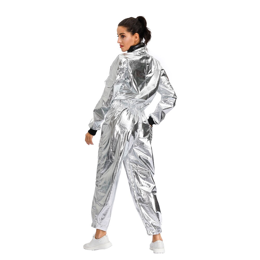 Plus size astronaut utomjordisk rymdman kostym vuxen kvinnor silver pilot outfit halloween dräkt i ett stycke jumpsuit