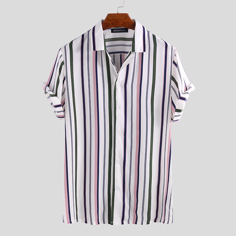 INCERUN Men Striped Shirts Short Sleeve Lapel Neck Dress Shirts Man Button Up Blusas Breathable Camisa Streetwear S-5XL: White / 4XL