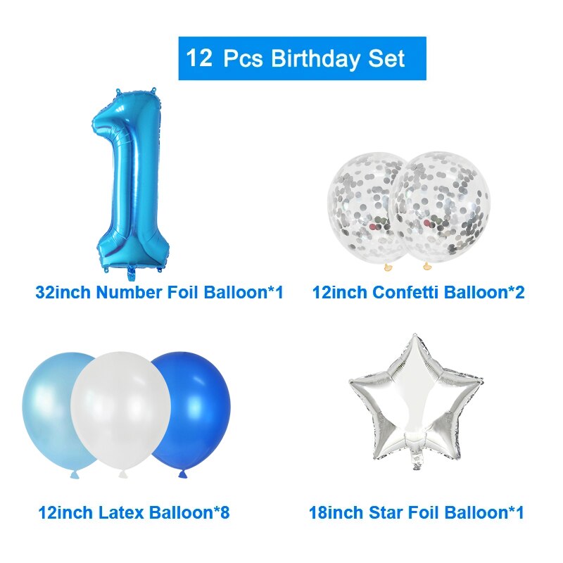 PartyLab 12Pcs/set Number Foil Latex Blue Balloons for Kids Birthday Decoration 1st One Year Birthday Boy Decor Baby Balloon