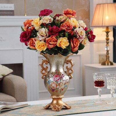 Luxury European Resin Vase Stereoscopic Dried Fowers Arrangement Wobble Plate Living Room Entrance Ornaments Home Decorations