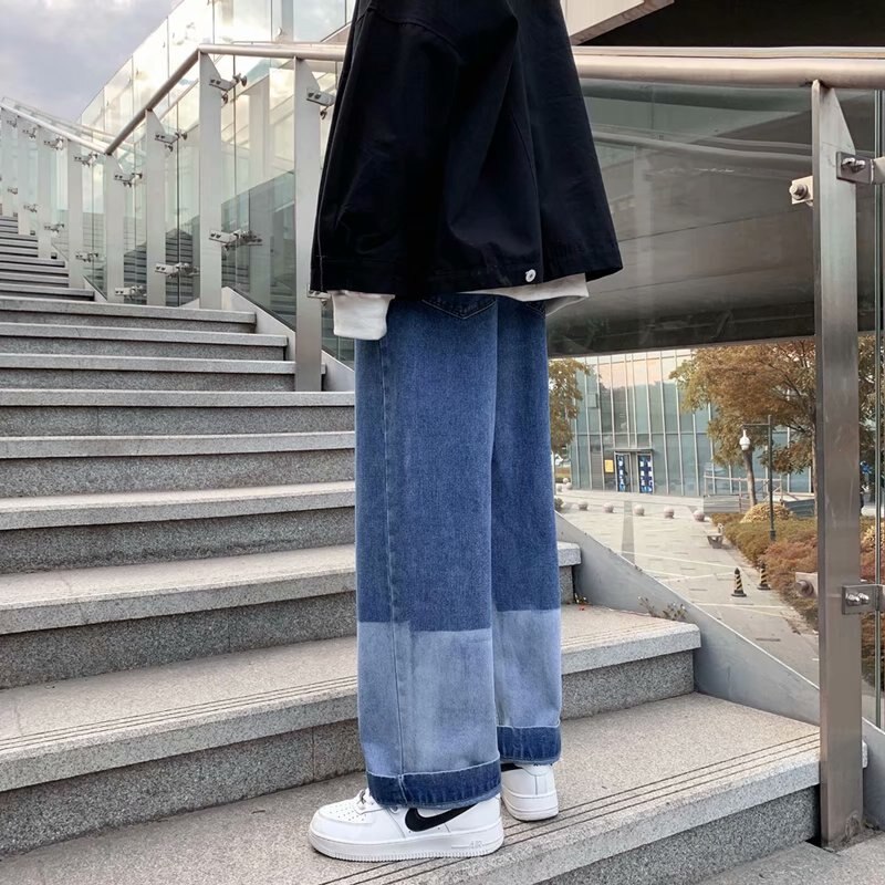 Pantalones vaqueros de tela de retales para hombre, Jeans de Color degradado, recto ancho, pierna suelta, de talla grande 3XL, informal para estudiantes, ropa de calle que combina con todo,