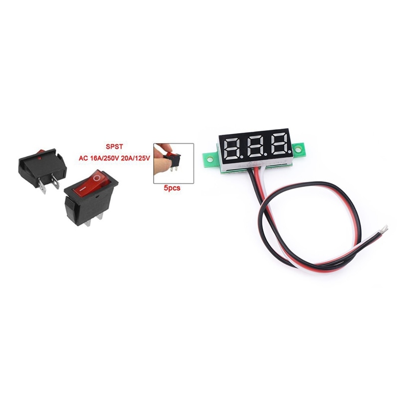 5 Pcs 2 Pin SPST Red Neon Light On/Off Rocker Switch AC 16A/250V 20A/125V & 1 Pcs Red LED Panel Display Digital Small 0.36 Inch