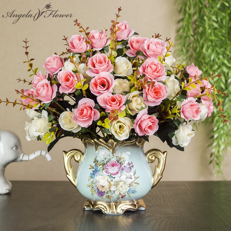 1set European artificial flower+vase living room home table wedding decor potted bonsai ornament silk flores +Ceramic vase