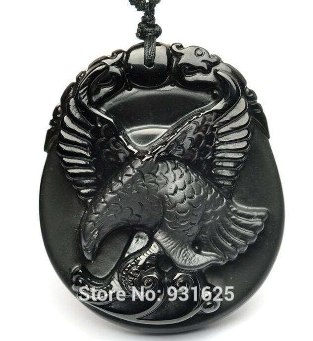 100% natürliche Schwarz Obsidian Geschnitzte Flying Eagle Glück Totem Anhänger + Kostenloser Perlen Halskette Schmuck für frau mann