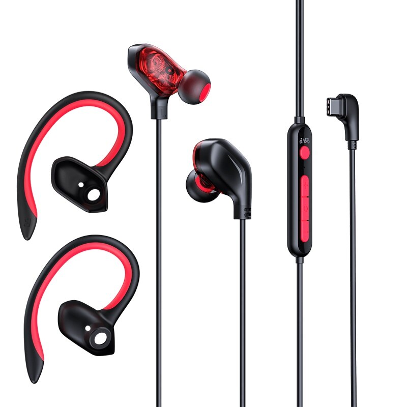 Baseus gamo  c18 typ c spelhörlurar med rgb light öronkrok trådbundna in-ear bas stereo hörlurar för  ps4 pc datorspelare: Röd