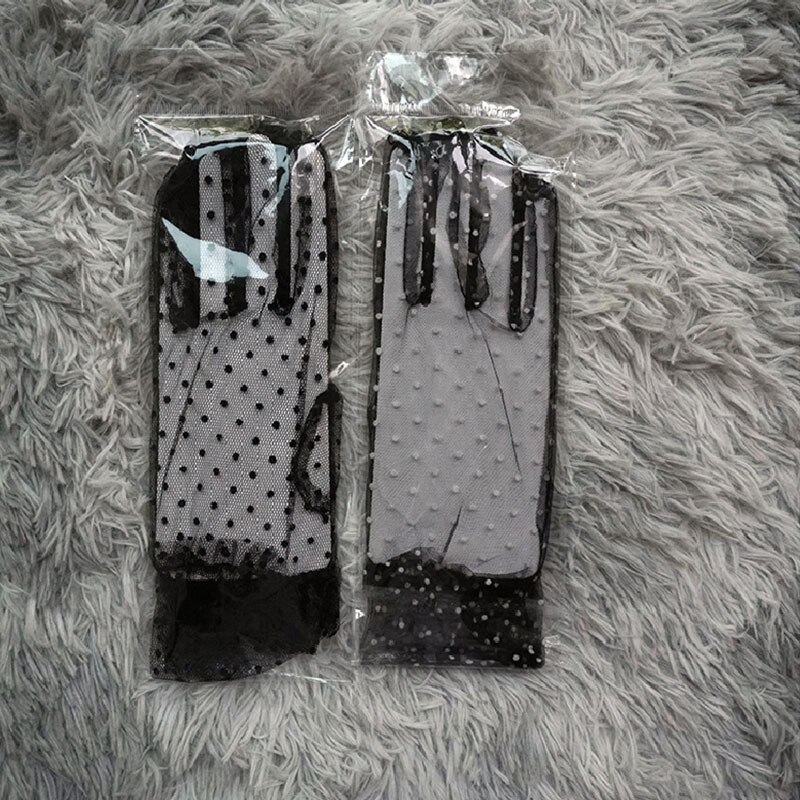 Wiosenne letnie damskie krótkie tiulowe rękawiczki siatkowe gaza ultra cienkie seksowne przezroczyste rękawiczki imprezowe rozciągliwe miejsca koronkowe falbany rękawiczki