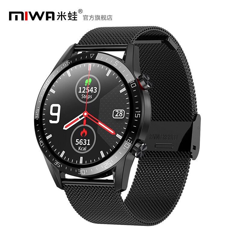 Miwa  l13 smart watch men  ip68 vandtæt ekg ppg bluetooth-opkald blodtryk puls fitness tracker sport smartwatch: Sort stålbånd