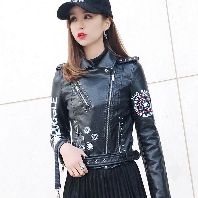 Women Punk Biker Jacket Letter Print Graffiti Rivet Fringe Coat