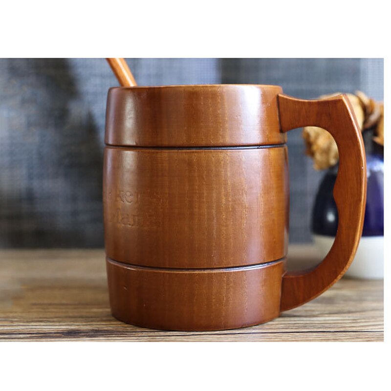 Ręczny kufel robić piwa drewna okrągłe usta 500-600ml kubek wody robić piwa filiżanka na mleko i kawę z łyżeczką