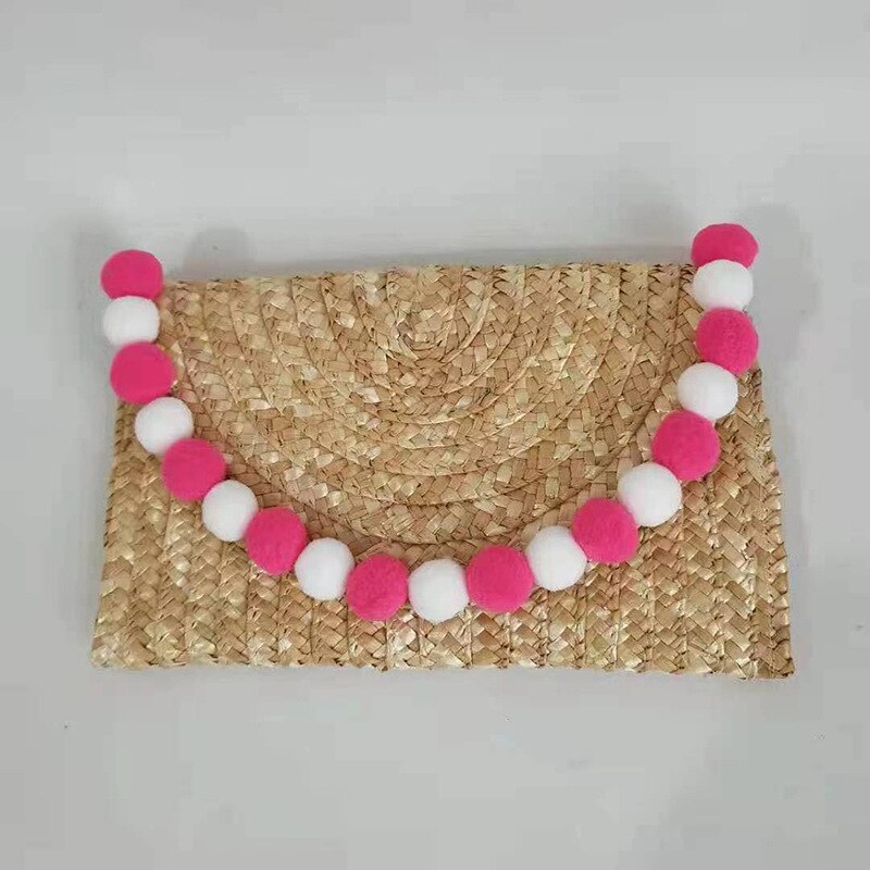 Bolso de paja para mujer, bolsa de mano tejida, paja de trigo trenzada, Bola de piel, decoración de verano salvaje, informal,: Red