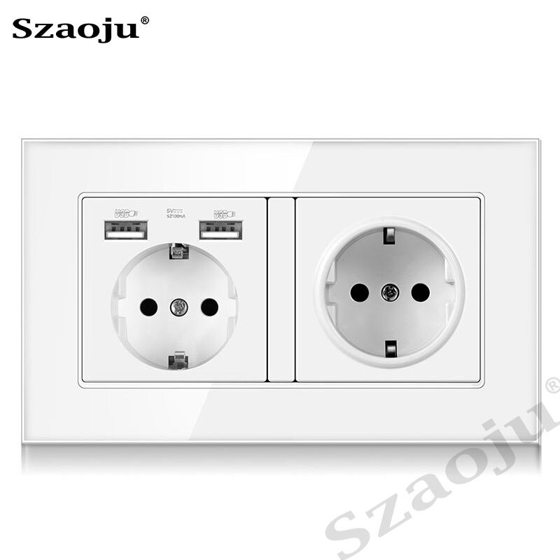 Szaoju 146*86 Stopcontact Duitse Standaard 16A Crystal Gehard Glas Panel Socket Stopcontact Met Usb Opladen AC110-250V: German USB 1jack