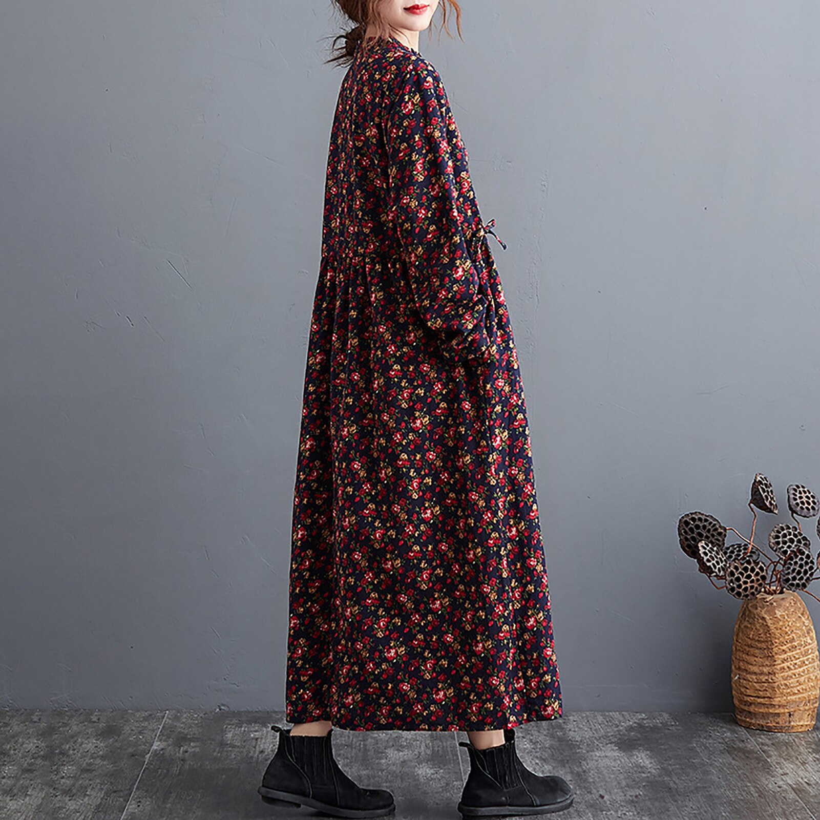 Vintage imprimé fleuri femmes robe coton lin plissé O cou taille cordon à manches longues poche latérale robes décontractées en vrac