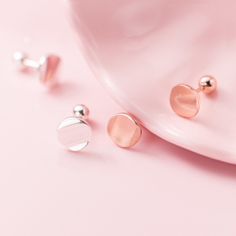 100% 925 Sterling Silver Unique Punk Retro Concave Circle Stud Screw Earrings for Women Girls Minimalist Jewelry