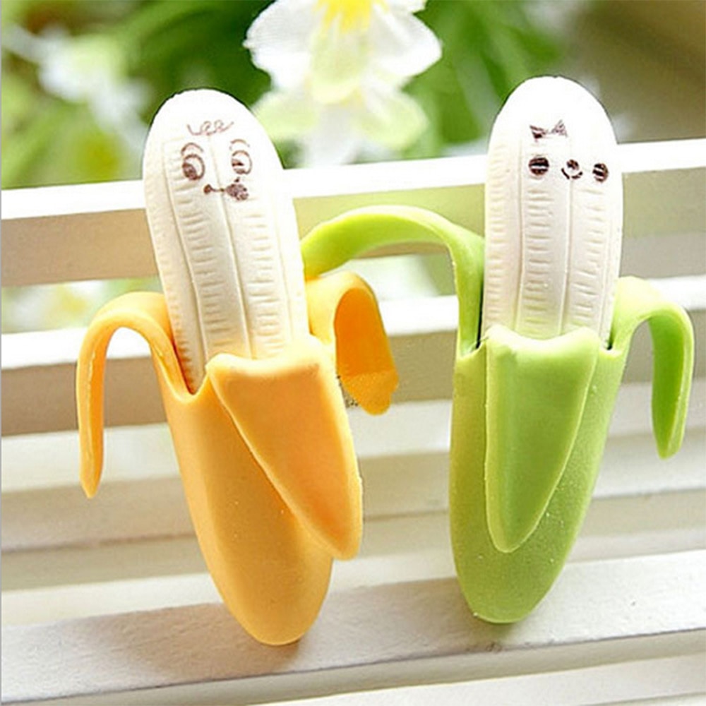 2 stuks x schattige gum in de vorm van een banaan, in de vorm van een rubberen potlood, schoolbenodigdheden voor studenten