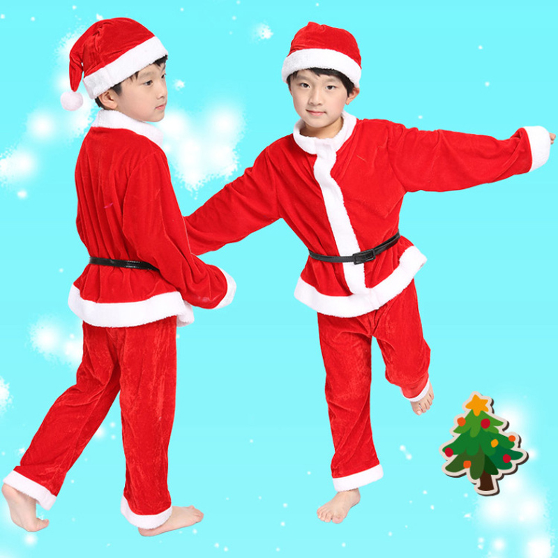 Bazzery Christmas Costumes for Children School Students Stage Performance Santa Claus Clothes Velvet Party Cap Coat Pants Props