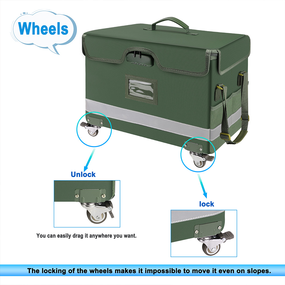 Fireproof File Box with Lock and Wheels - Waterproof File Safe, Foldable, Portable Office Home File Storage Box with Reflective