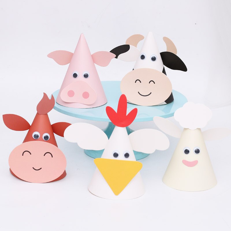 Diy Animal Theme Hat Set Cow Chick Children's Party Paper Card Cap Boy Girl Birthday Baby Shower Decor Supplies