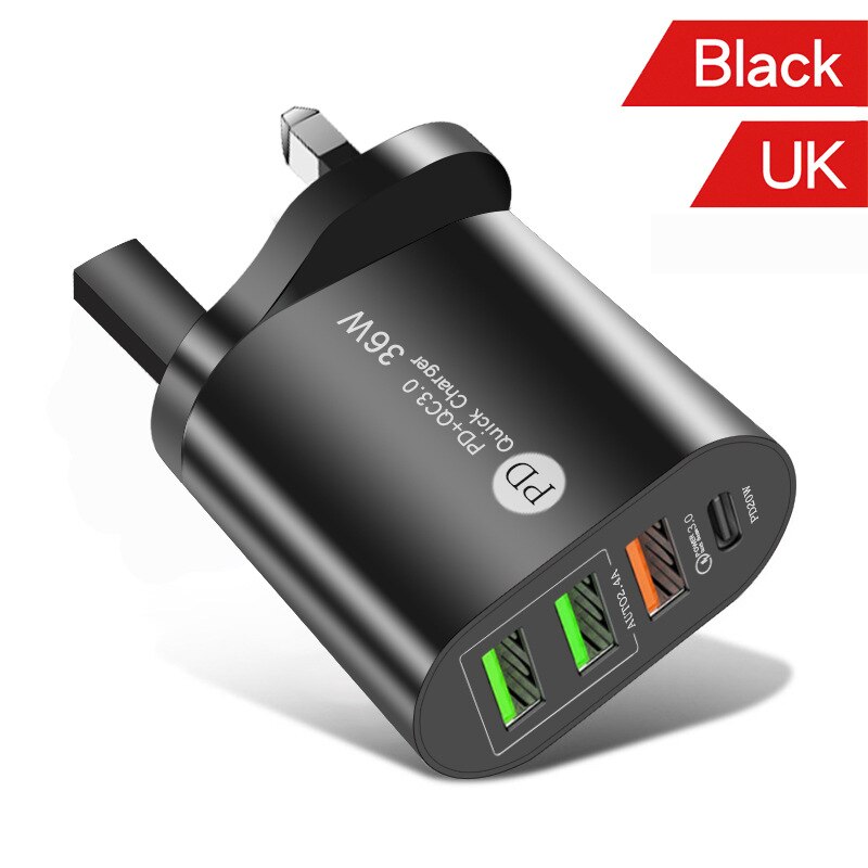 Usb-schnellladeadapter (36w qc3.0 pdx 3 für apple iphone 13 pro, 12, 11, 8, 7, ipad (eu/uk/us-stecker, pd-ladegerät, typ c): Uk-stecker schwarz