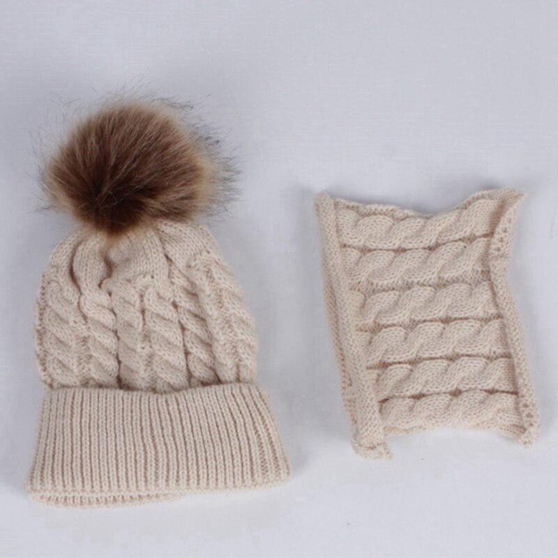 WZCX Kind Pompom Muts Sjaal Vrouwen Set Warm Houden Effen Kleur Casual Breien Dikker Baby Beanie Ski Cap