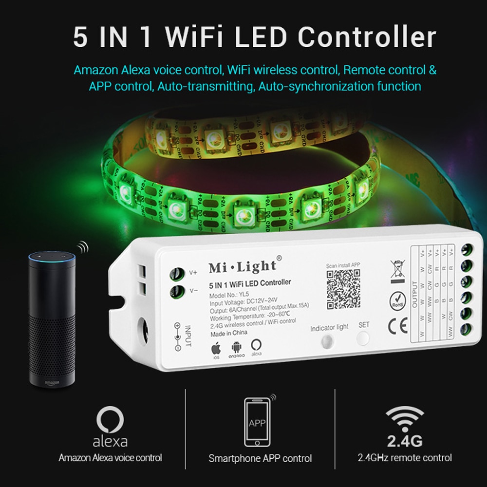 Milight WL5 2.4G 15A 5 IN 1 WiFi Alexa Voice wi fi LED Controller For Single color CCT RGB RGBW RGB+CCT Led Strip light