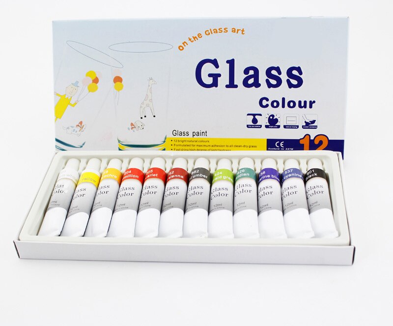 Glass Paint Color Acrylic Paint Hand Painted Pigments 12 Colors 12ML Color art set with 5pcs paint brushes