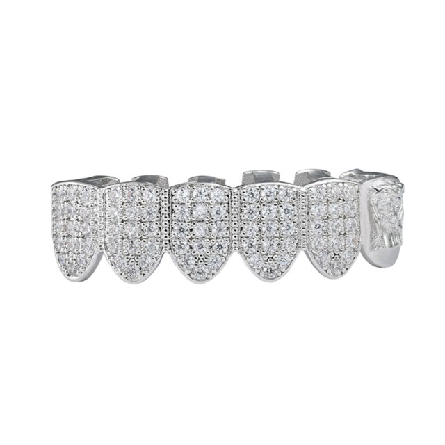 Hip Hop Fang TeethGrillz Micro Pave Cubic Zircon Top Teeth Caps Mouth Teeth Grills: silver