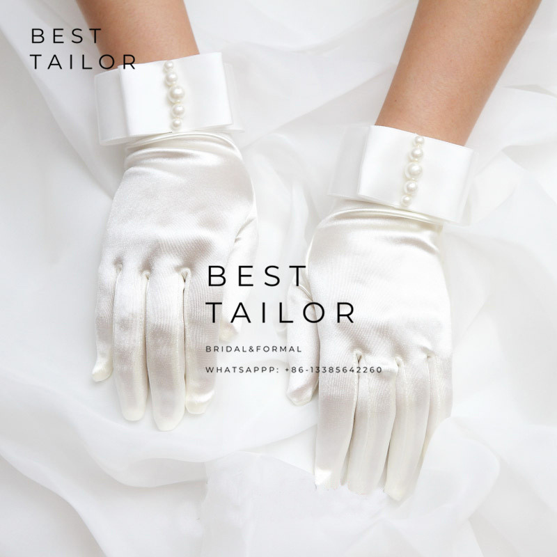 Bruids Satijn Hand Handschoenen Strik Parels Vinger Bruiloft Handschoenen Bruiloft Bruid Accessoire