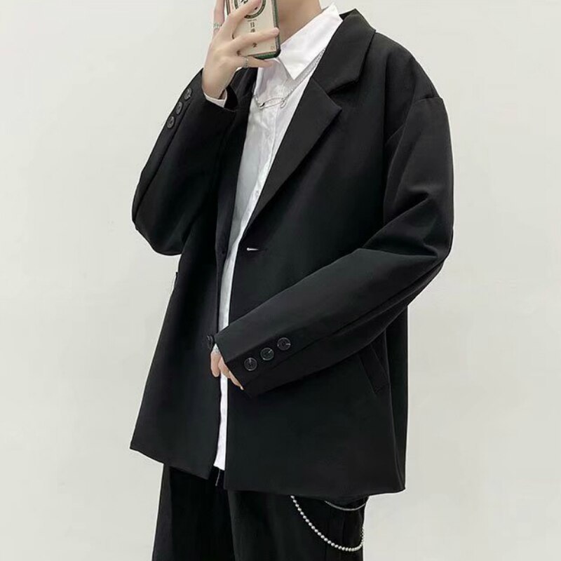 Chaquetas de los hombres primavera negro solo Breasted Oversize flojo Retro de de estilo coreano Ins estudiante Ulzzang-Encuentro de trajes de hombre Chic