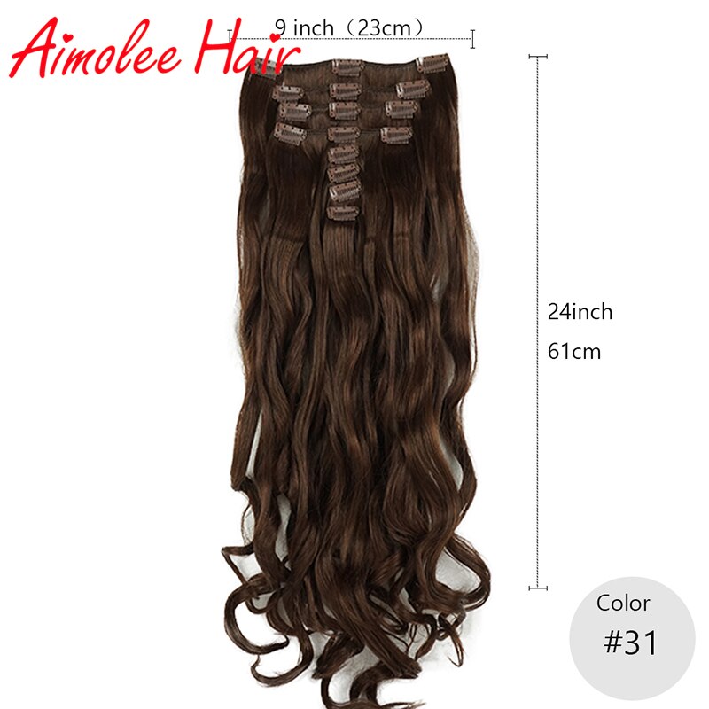 Extensiones de cabello de 24 pulgadas, 8 unidades por juego, pelo sintético largo ondulado Natural de cobre rojo Auburn, 16 clips de fibra de alta temperatura