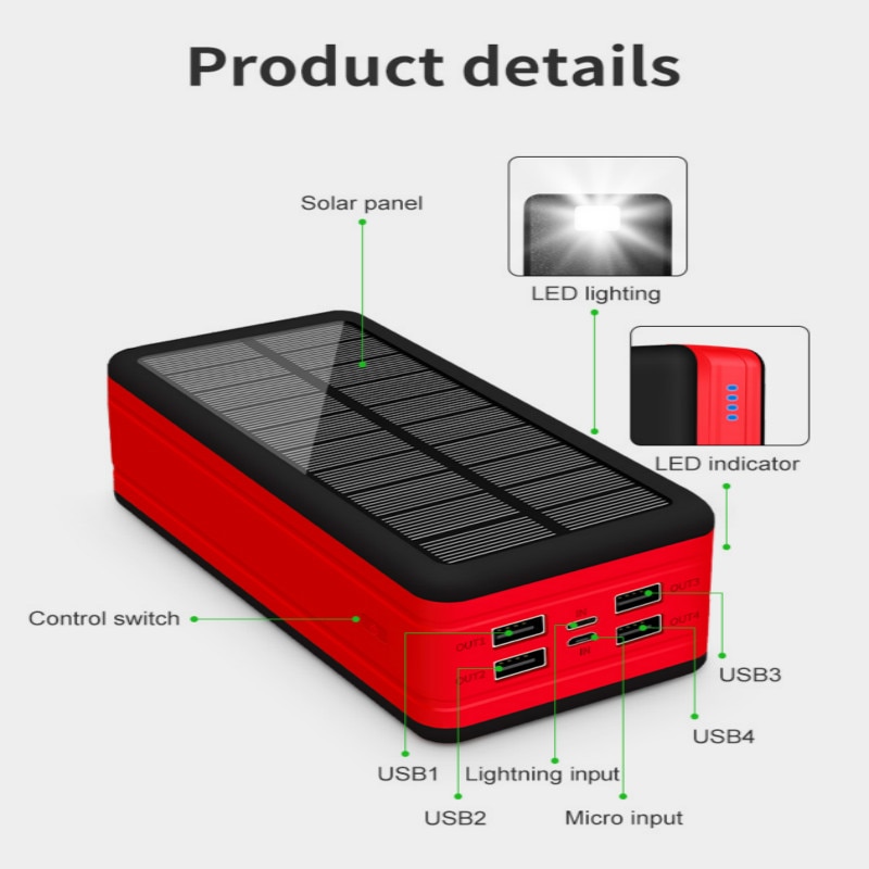 99000mAh Solar Power Bank Portable Charger Large Capacity Outdoor Waterproof 4USB Port Power Bank for Iphone Xiaomi Samsung