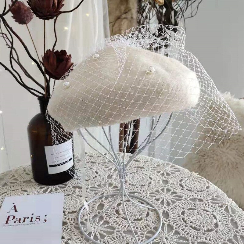 Lady Autumn Winter Berets Hat Pearl Lace Veil Painter Hat Women Sweet Vintage Berets Caps Female Bonnet Warm Walking Cap: 06