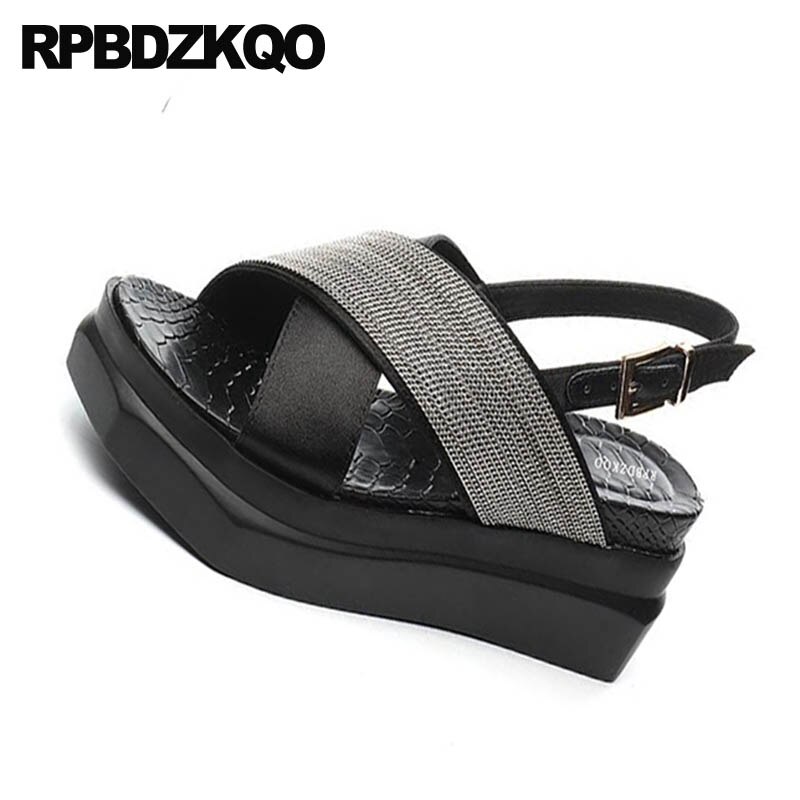 Women Wedge Platform Sandals Flatform Strap Black Summer High Heels Slingback Pumps Glitter Open Toe Korean Shoes Ladies